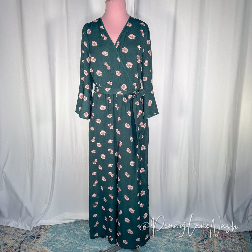 Lily Black Bell Sleeves Floral Wrap Jumpsuit Green